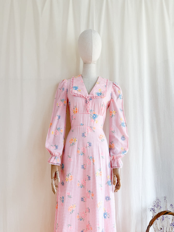Preciously Pretty 70s Pink Gingham Cotton Floral Maxi Dress