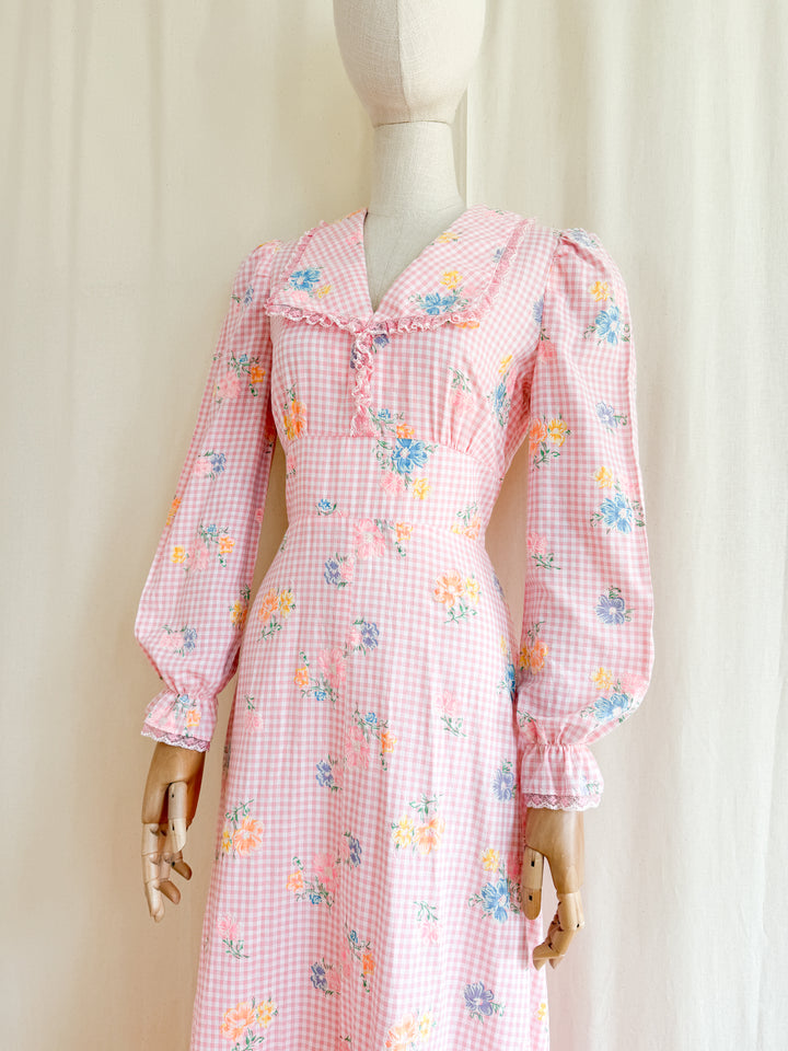 Preciously Pretty 70s Pink Gingham Cotton Floral Maxi Dress