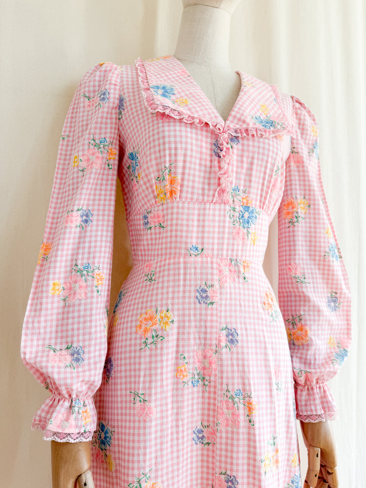 Preciously Pretty 70s Pink Gingham Cotton Floral Maxi Dress