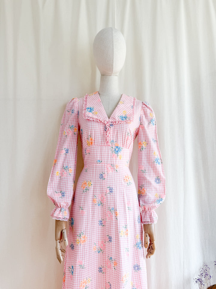 Preciously Pretty 70s Pink Gingham Cotton Floral Maxi Dress