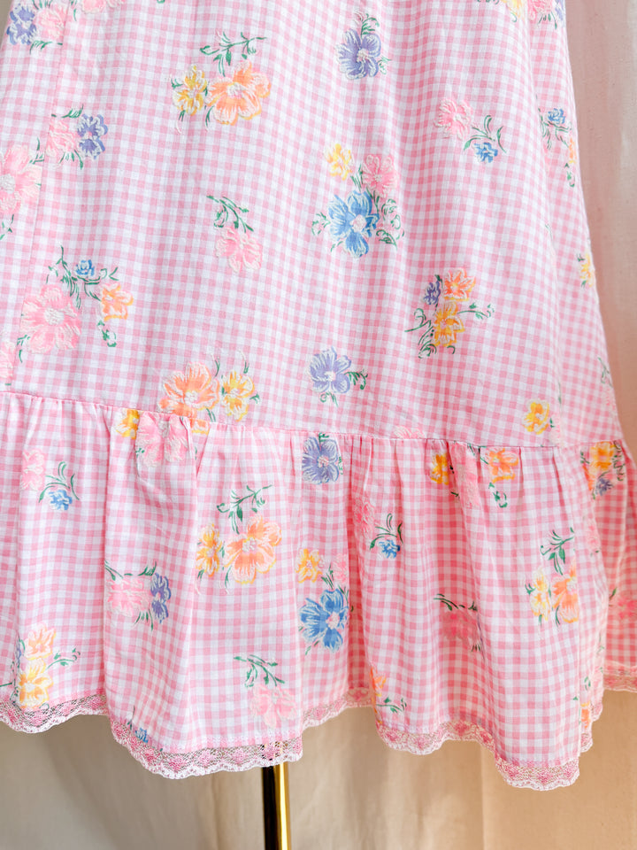 Preciously Pretty 70s Pink Gingham Cotton Floral Maxi Dress