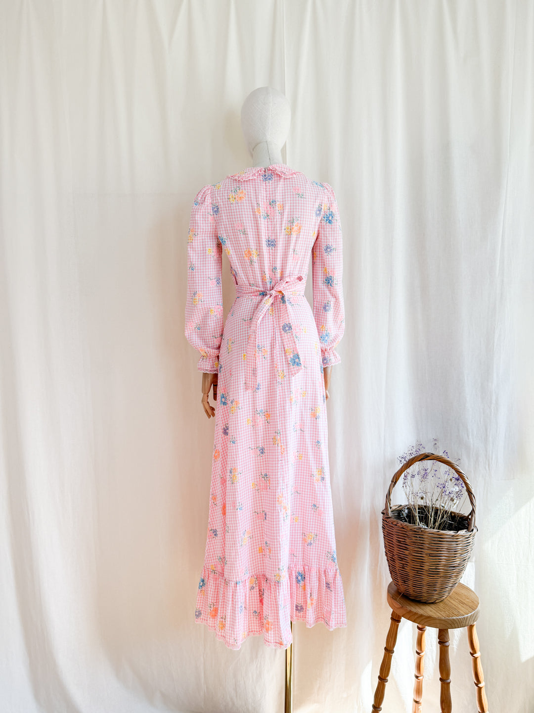 Preciously Pretty 70s Pink Gingham Cotton Floral Maxi Dress