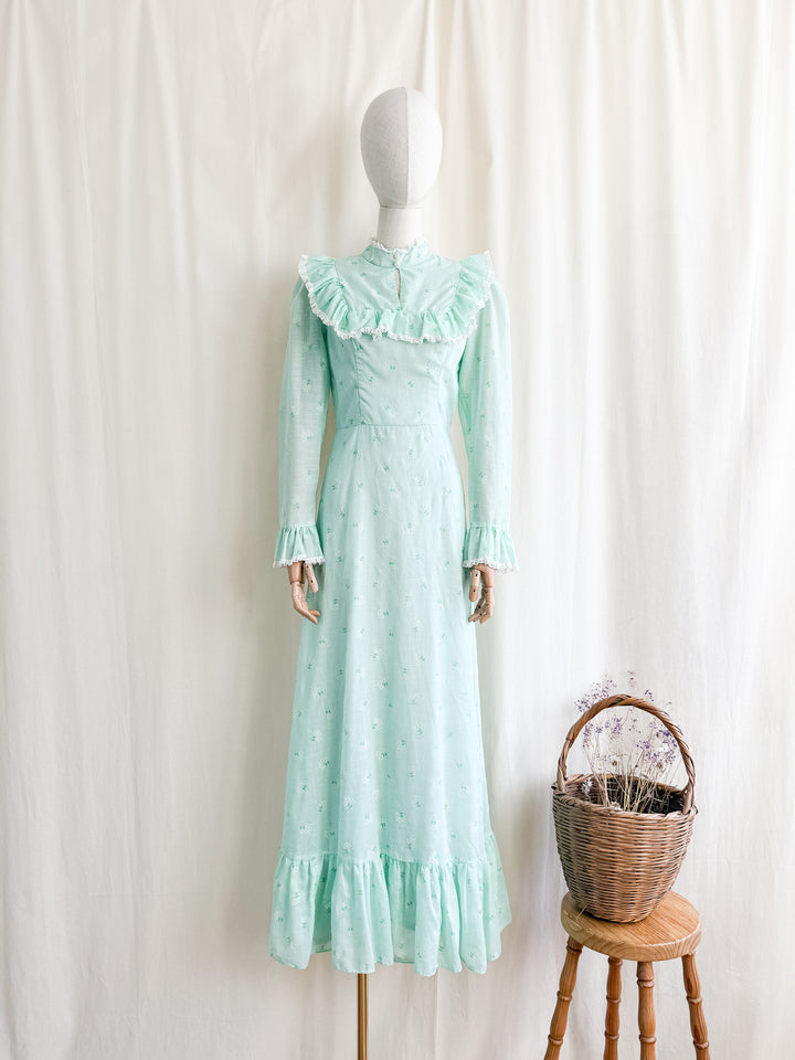 Breathtaking Ethereal 70s Soft Minty Hued Floral Cotton Maxi Dress