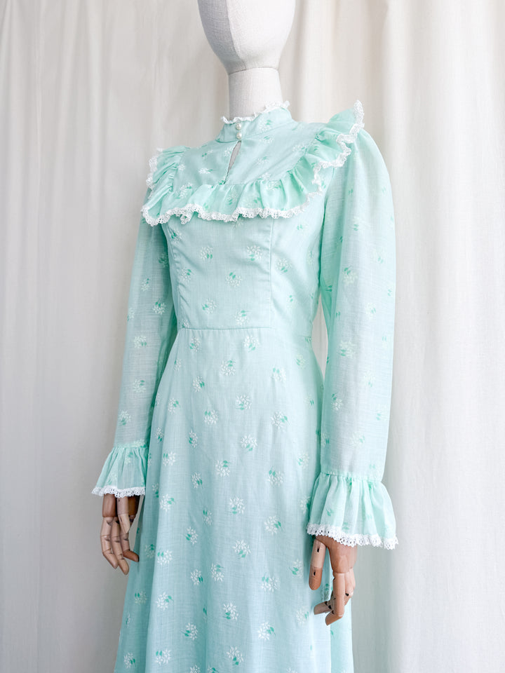 Breathtaking Ethereal 70s Soft Minty Hued Floral Cotton Maxi Dress