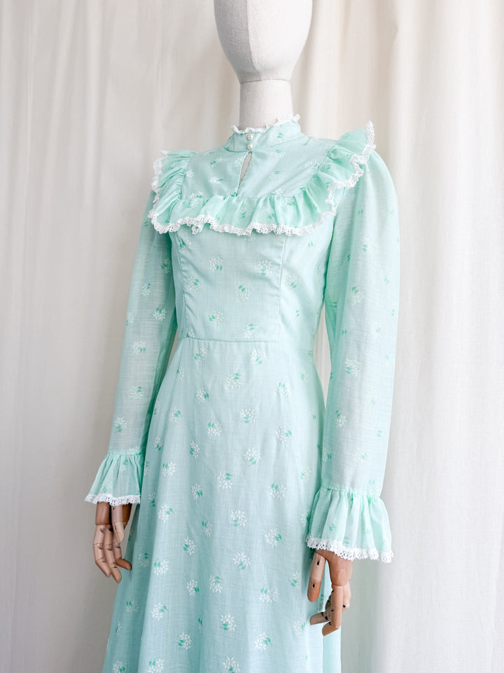 Breathtaking Ethereal 70s Soft Minty Hued Floral Cotton Maxi Dress