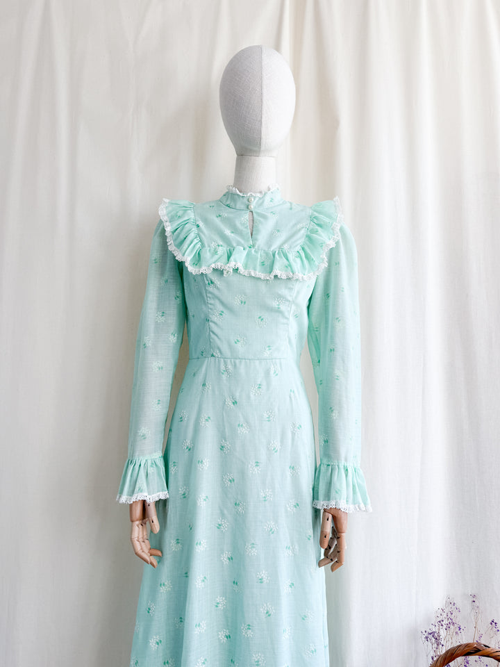 Breathtaking Ethereal 70s Soft Minty Hued Floral Cotton Maxi Dress
