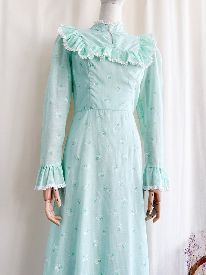 Breathtaking Ethereal 70s Soft Minty Hued Floral Cotton Maxi Dress