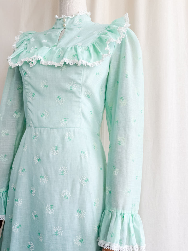 Breathtaking Ethereal 70s Soft Minty Hued Floral Cotton Maxi Dress