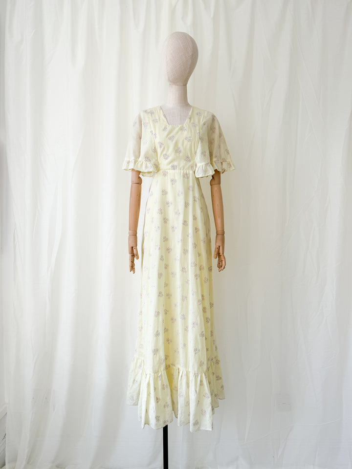 Ethereal 1970s Soft Lemon Cotton Maxi Dress