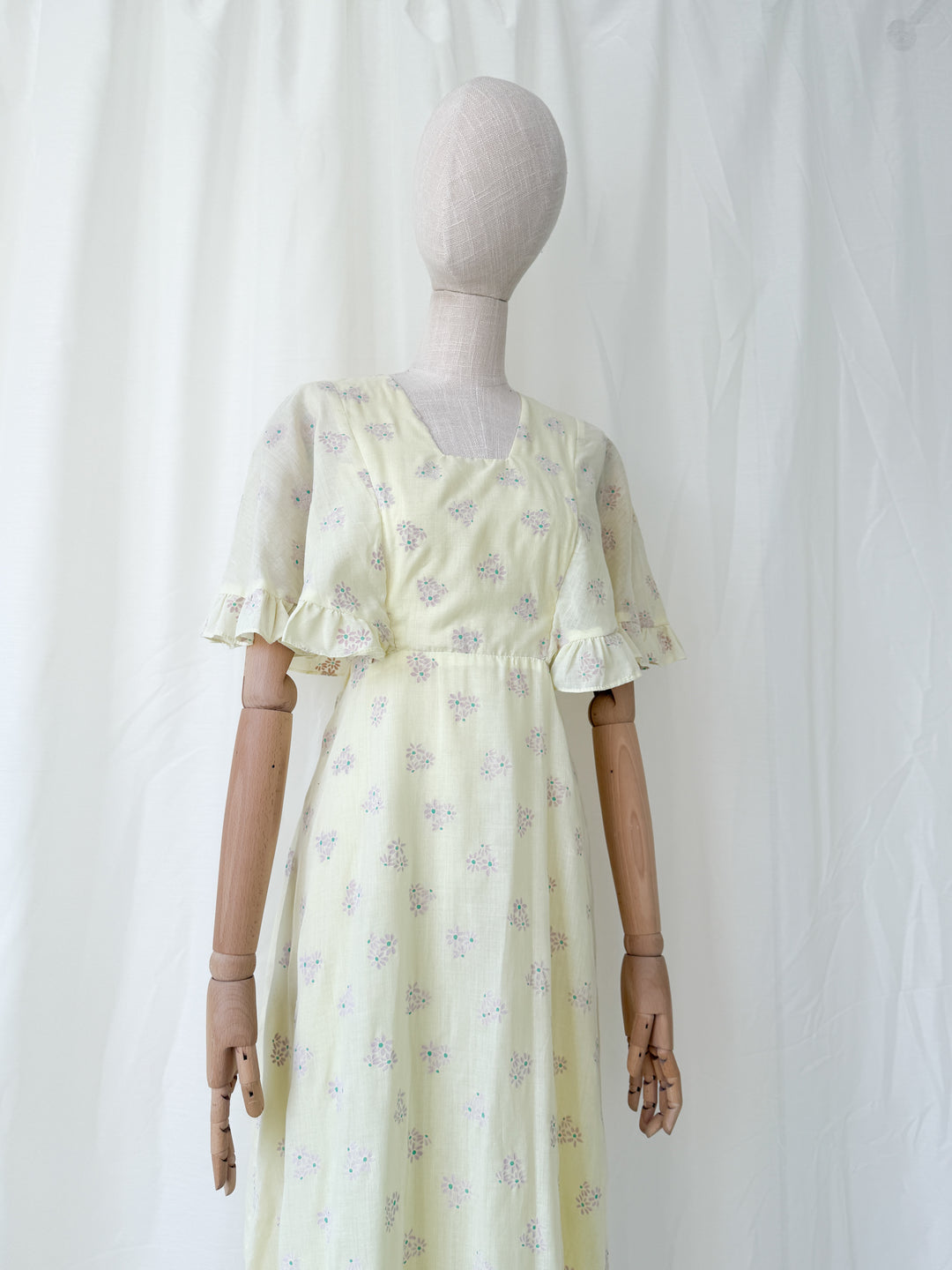 Ethereal 1970s Soft Lemon Cotton Maxi Dress