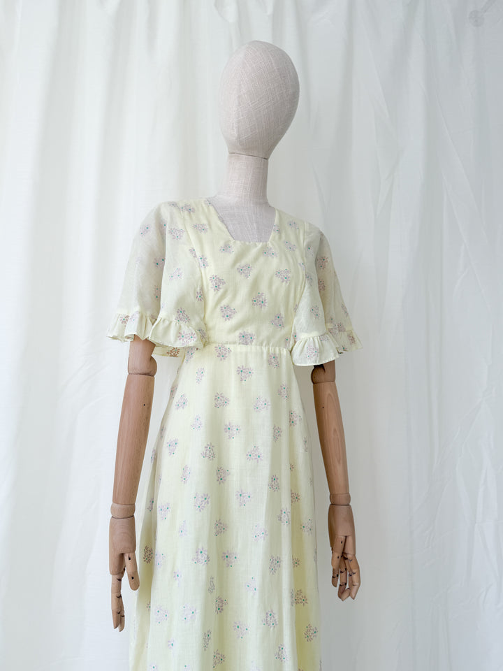 Ethereal 1970s Soft Lemon Cotton Maxi Dress