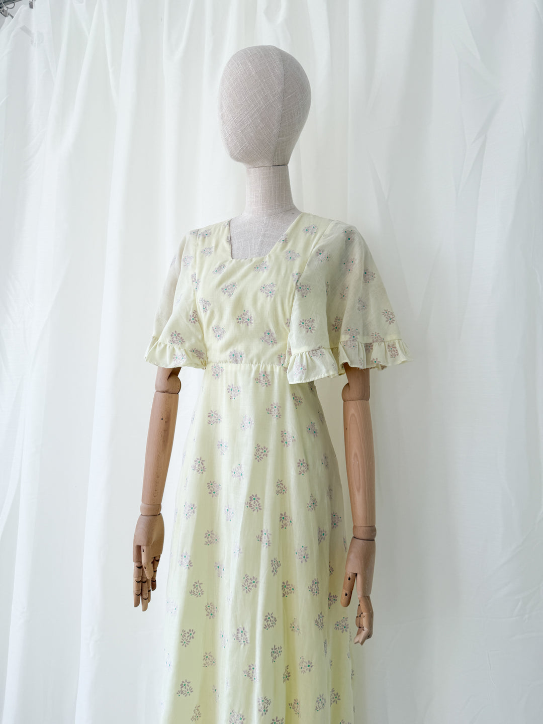 Ethereal 1970s Soft Lemon Cotton Maxi Dress