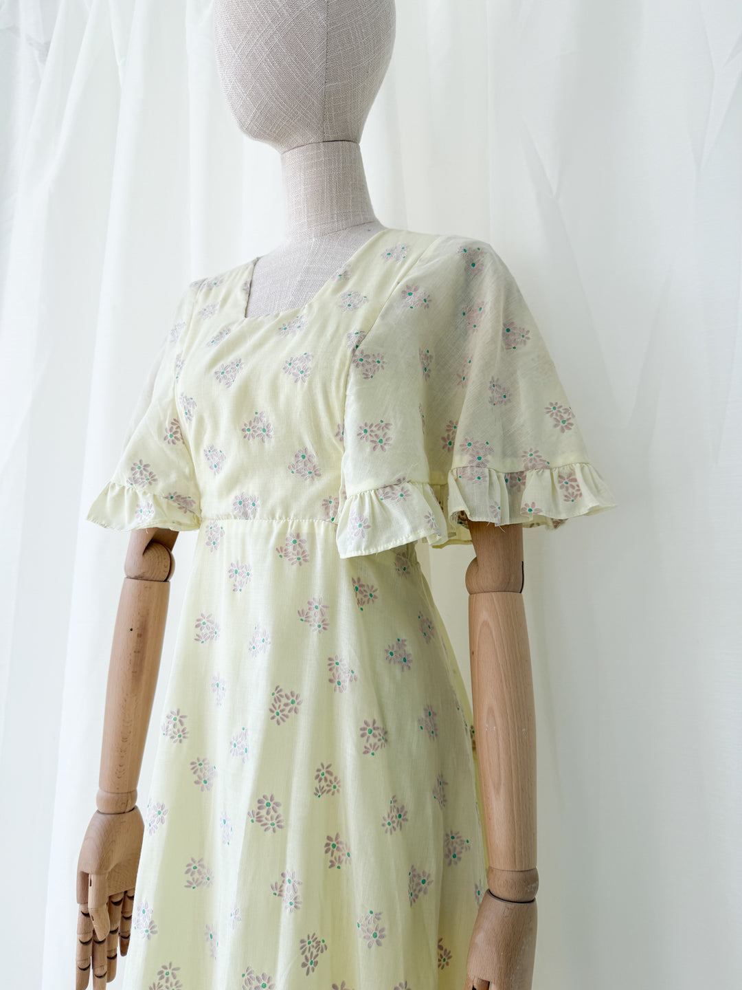 Ethereal 1970s Soft Lemon Cotton Maxi Dress