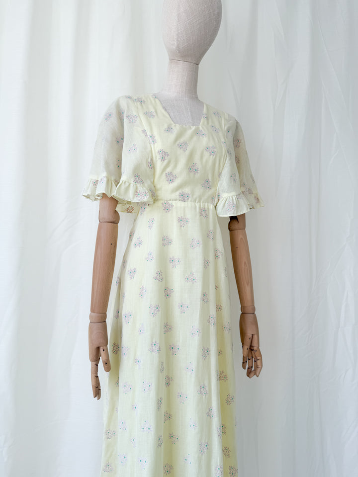 Ethereal 1970s Soft Lemon Cotton Maxi Dress