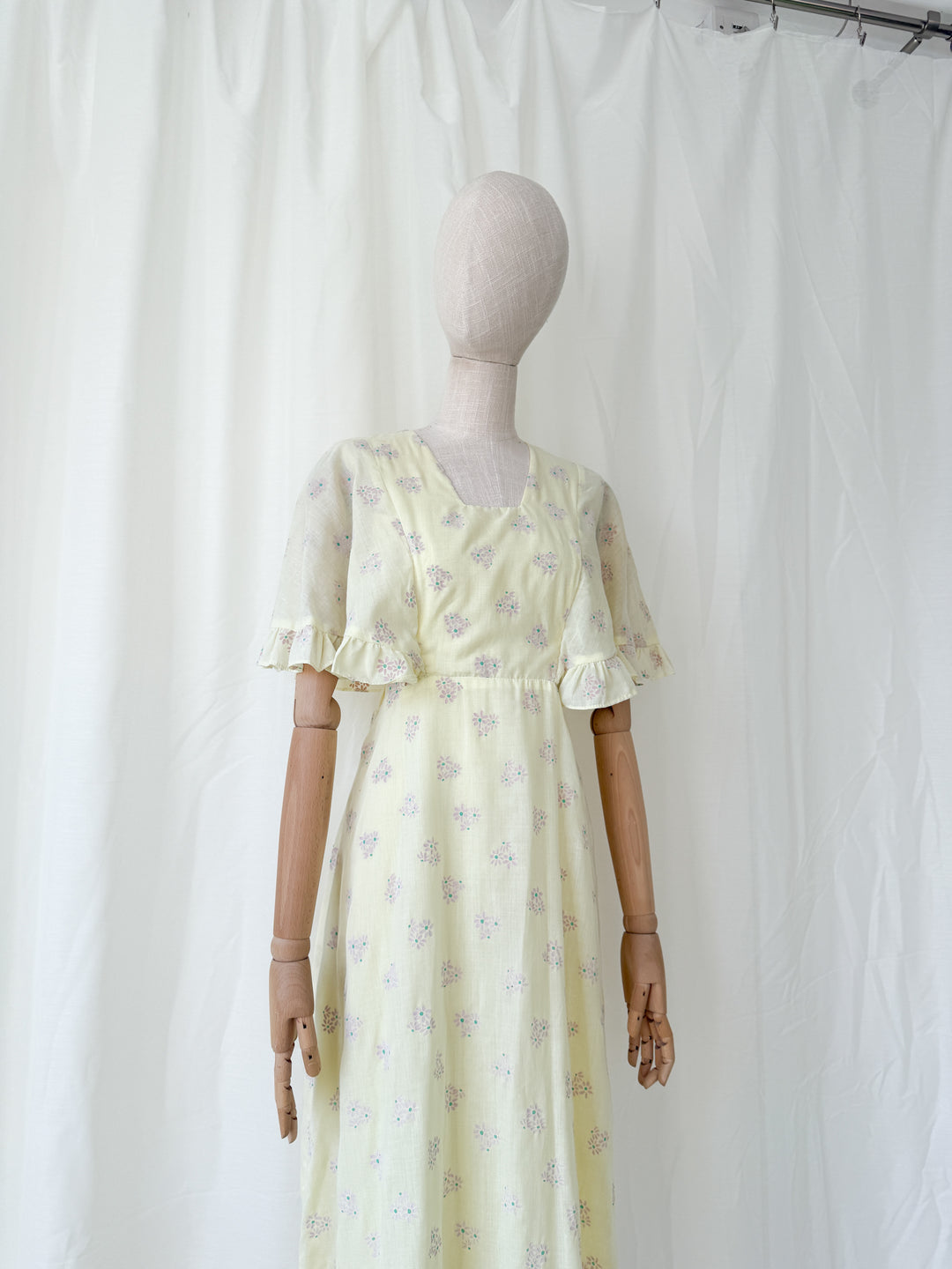 Ethereal 1970s Soft Lemon Cotton Maxi Dress