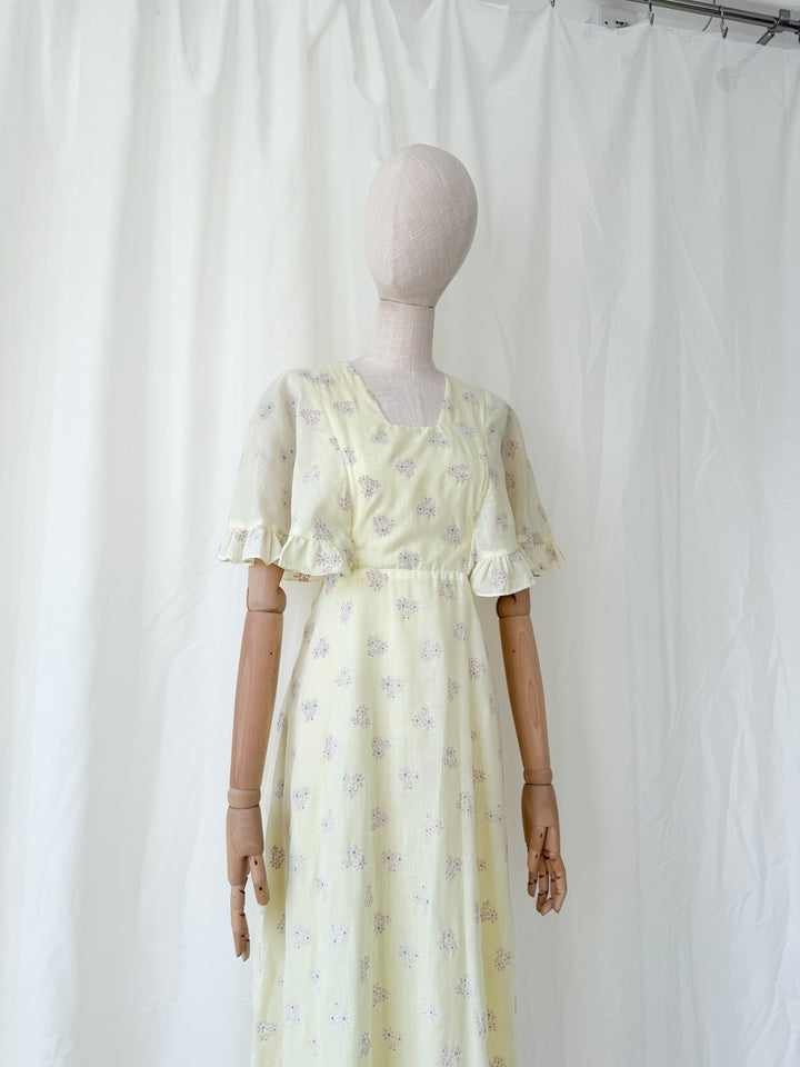 Ethereal 1970s Soft Lemon Cotton Maxi Dress