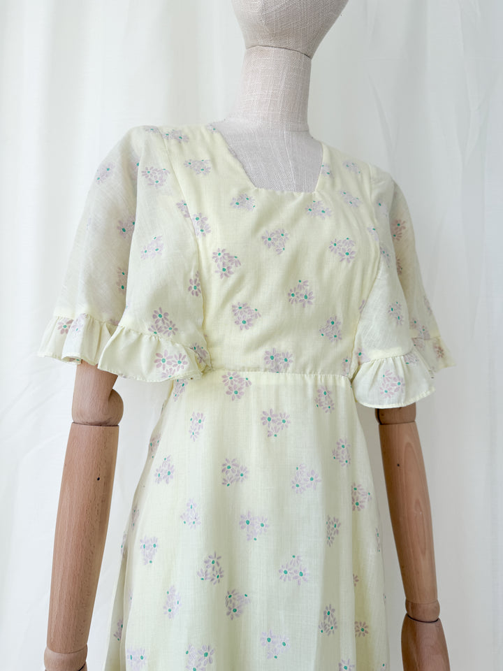 Ethereal 1970s Soft Lemon Cotton Maxi Dress