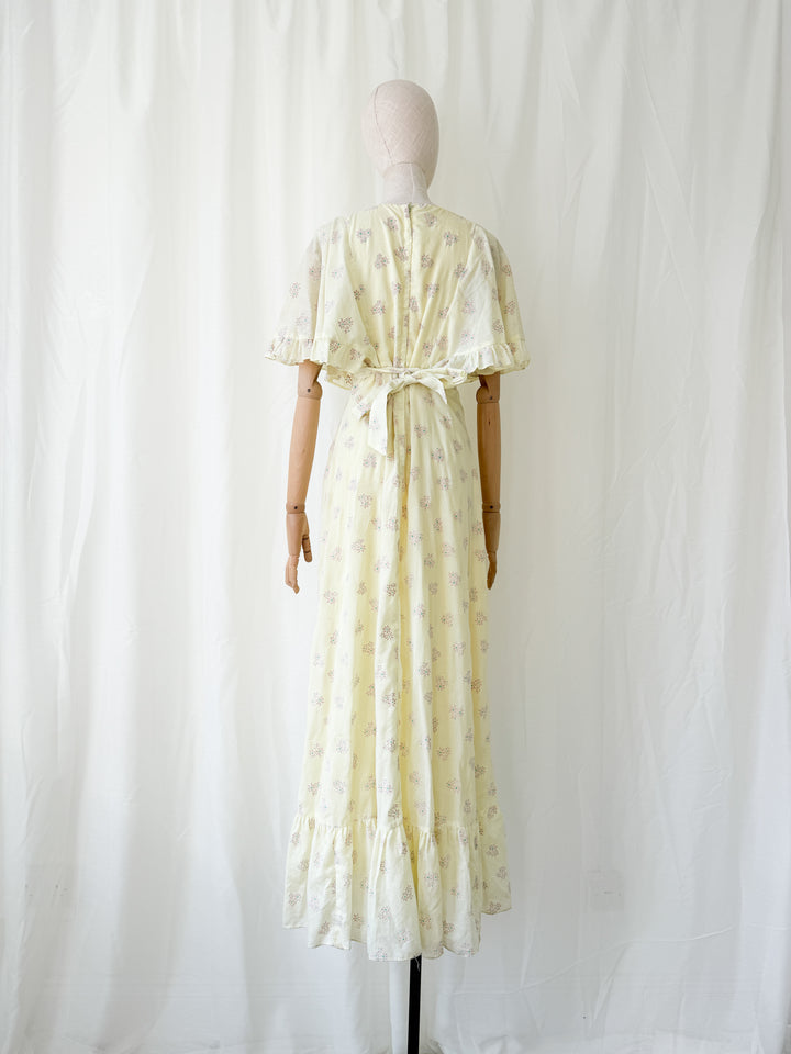 Ethereal 1970s Soft Lemon Cotton Maxi Dress