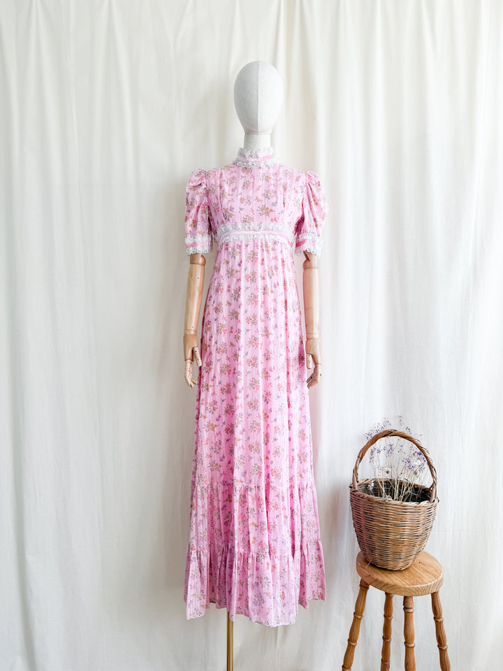 Divine 70s Pink Floral Cotton Lace Trimmed Maxi Dress by John Charles