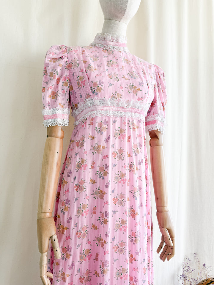 Divine 70s Pink Floral Cotton Lace Trimmed Maxi Dress by John Charles