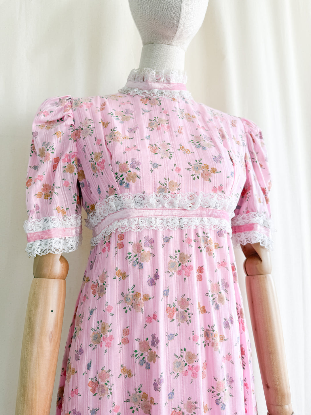 Divine 70s Pink Floral Cotton Lace Trimmed Maxi Dress by John Charles