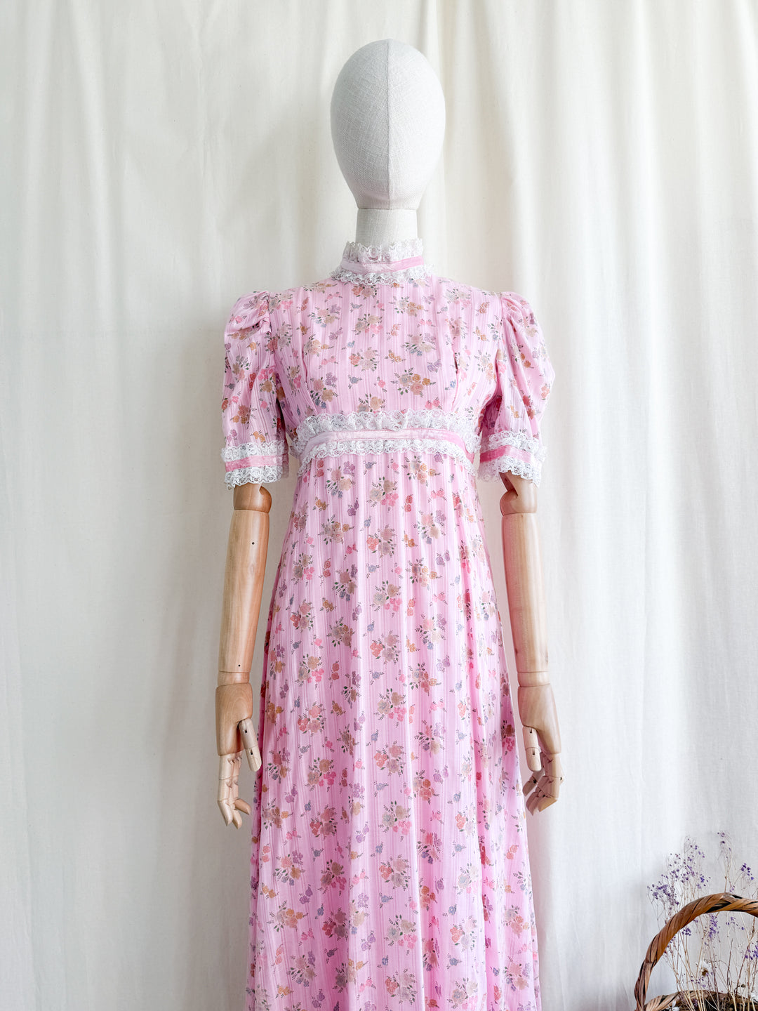 Divine 70s Pink Floral Cotton Lace Trimmed Maxi Dress by John Charles