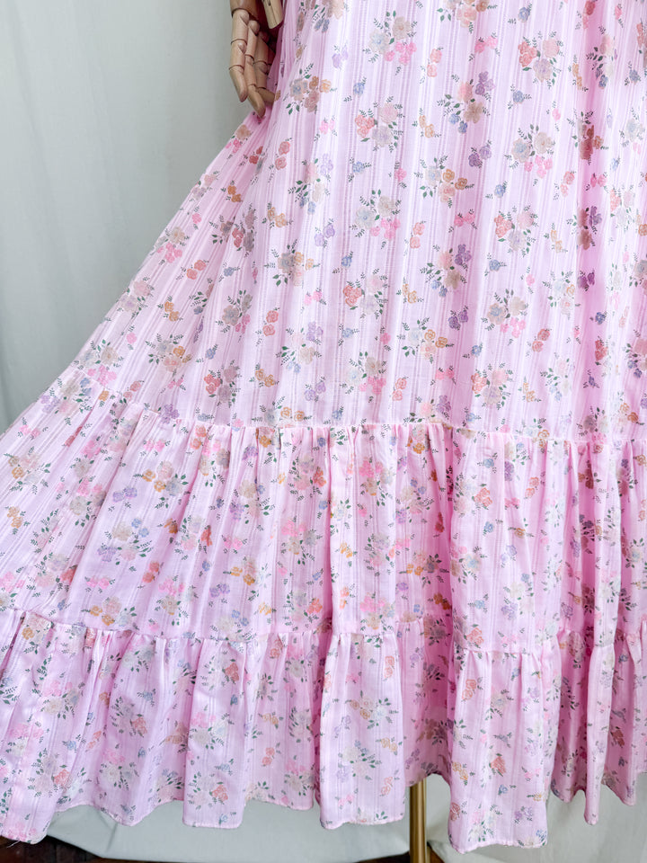 Divine 70s Pink Floral Cotton Lace Trimmed Maxi Dress by John Charles