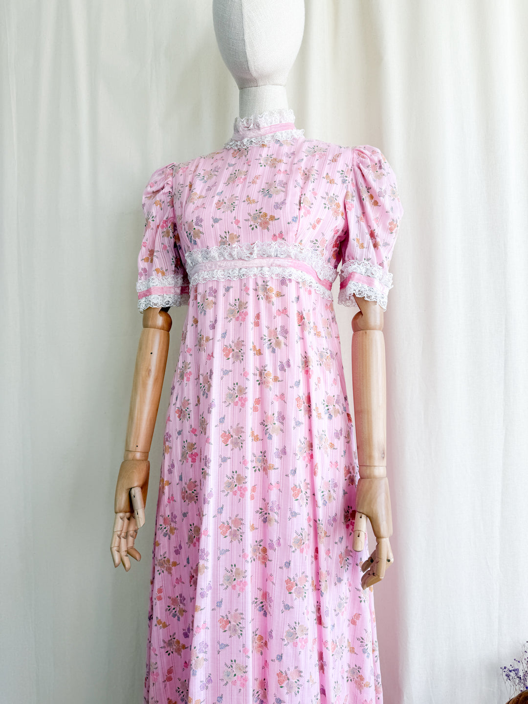 Divine 70s Pink Floral Cotton Lace Trimmed Maxi Dress by John Charles