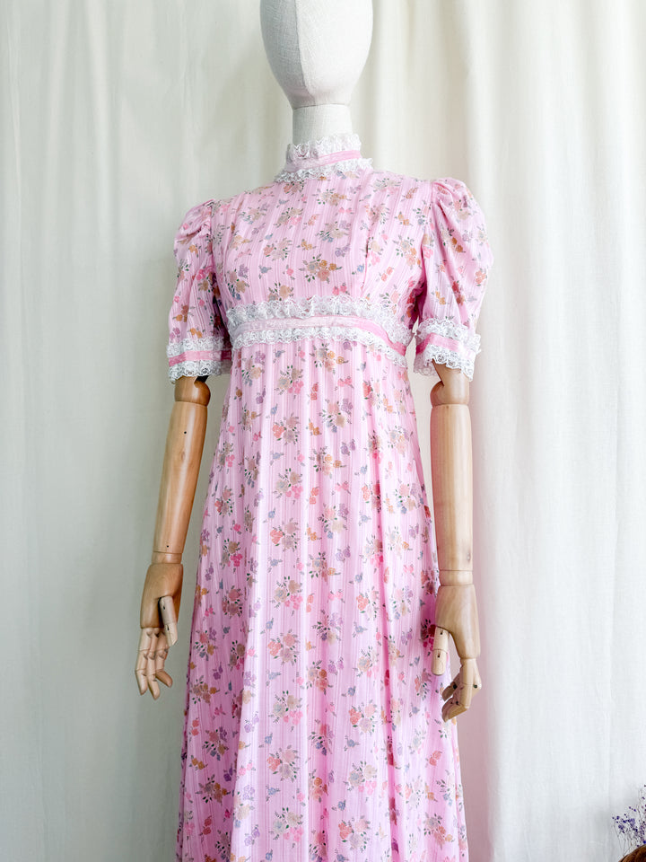 Divine 70s Pink Floral Cotton Lace Trimmed Maxi Dress by John Charles
