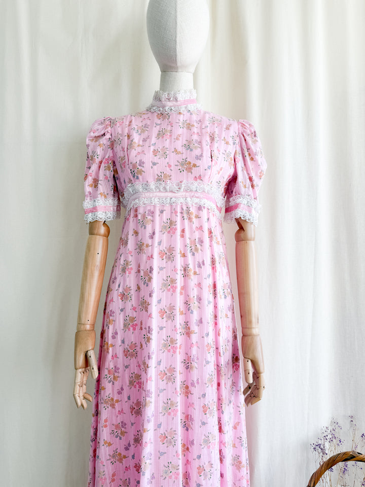 Divine 70s Pink Floral Cotton Lace Trimmed Maxi Dress by John Charles