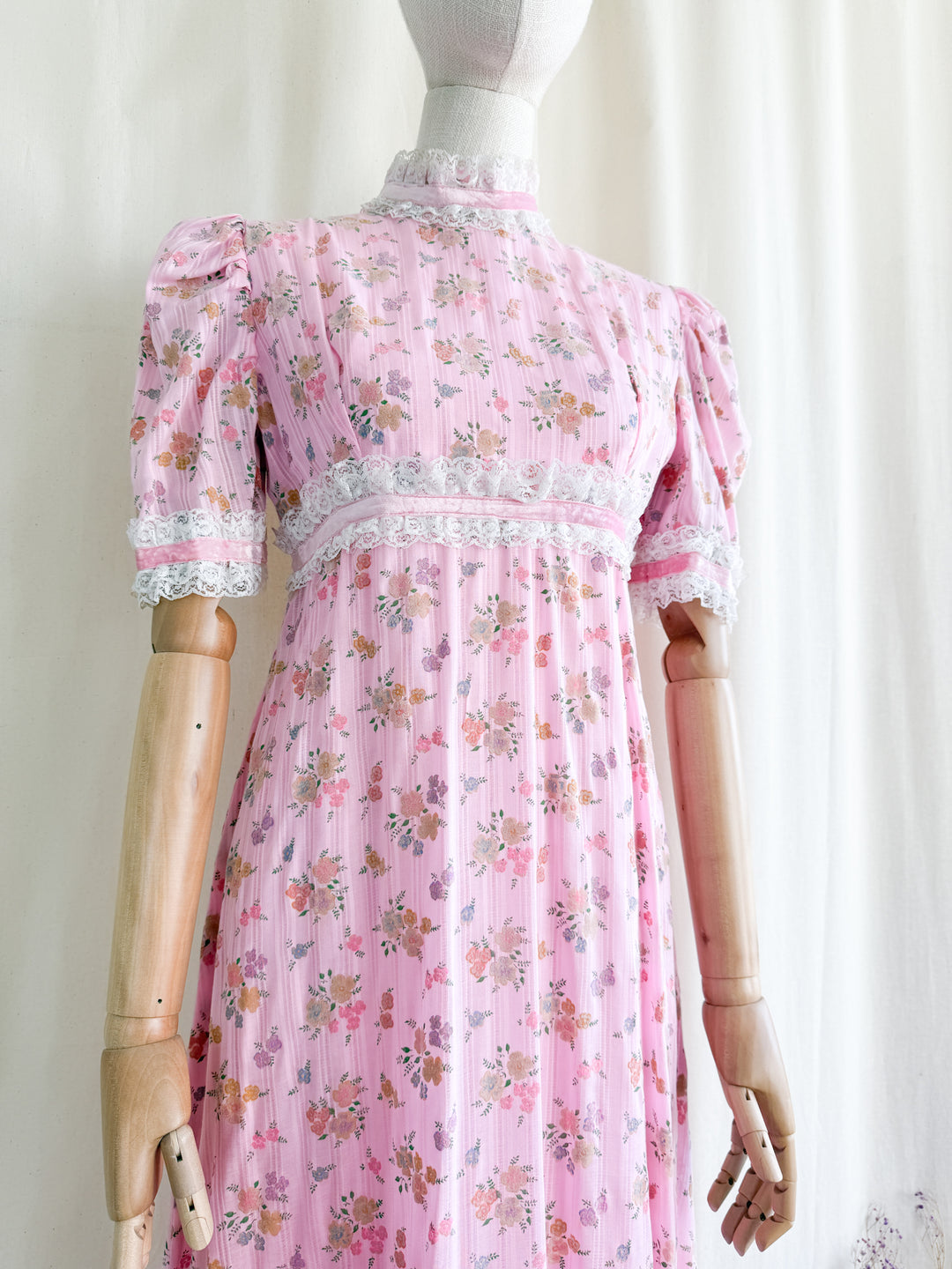 Divine 70s Pink Floral Cotton Lace Trimmed Maxi Dress by John Charles