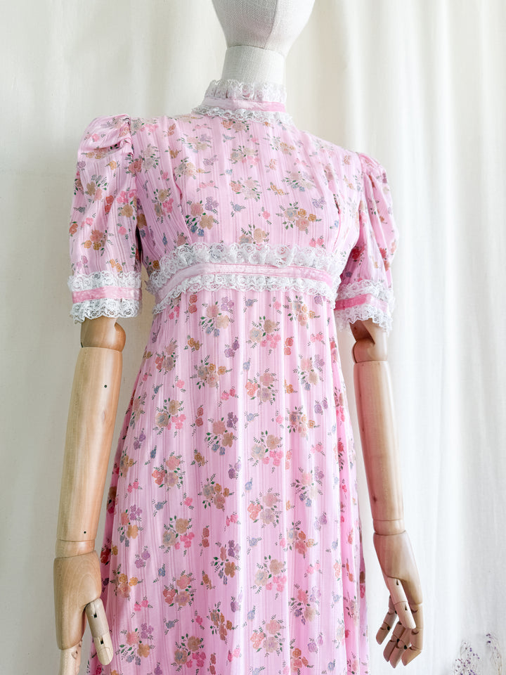 Divine 70s Pink Floral Cotton Lace Trimmed Maxi Dress by John Charles
