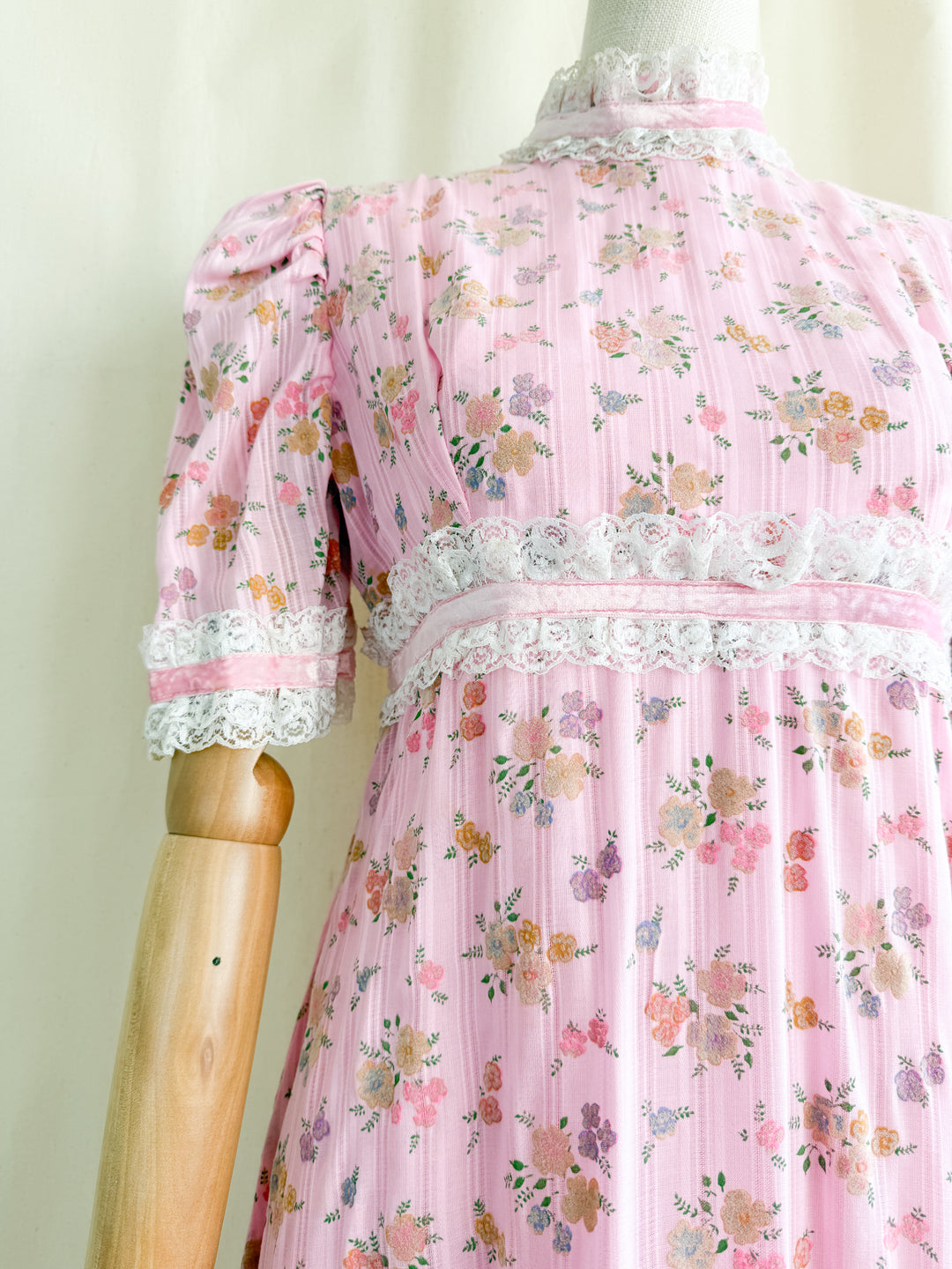 Divine 70s Pink Floral Cotton Lace Trimmed Maxi Dress by John Charles