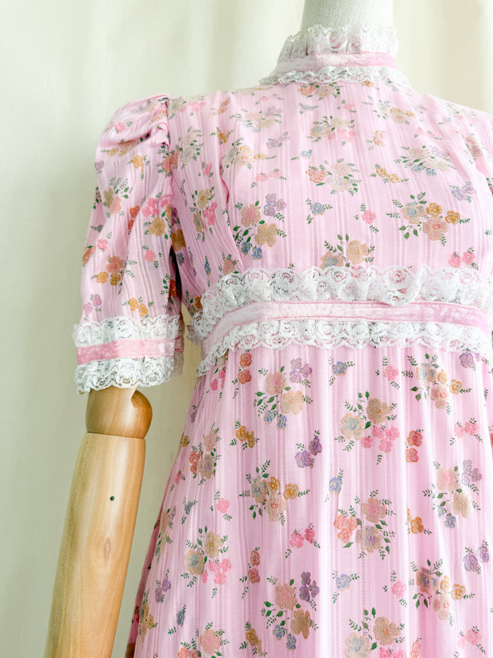 Divine 70s Pink Floral Cotton Lace Trimmed Maxi Dress by John Charles