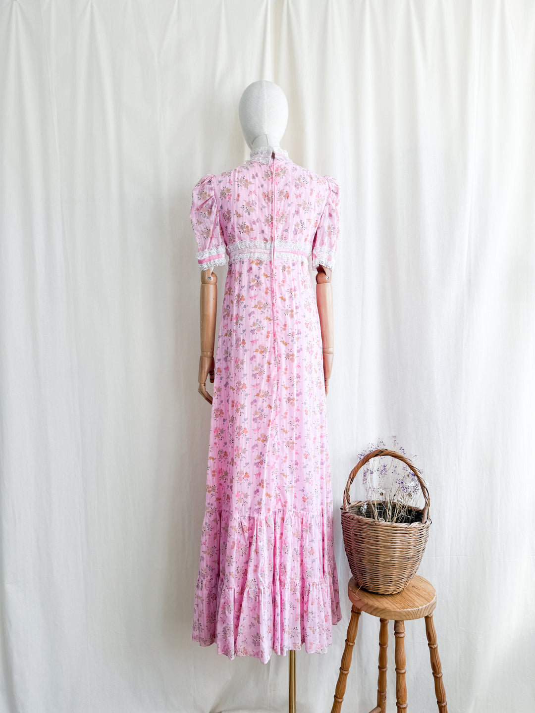 Divine 70s Pink Floral Cotton Lace Trimmed Maxi Dress by John Charles