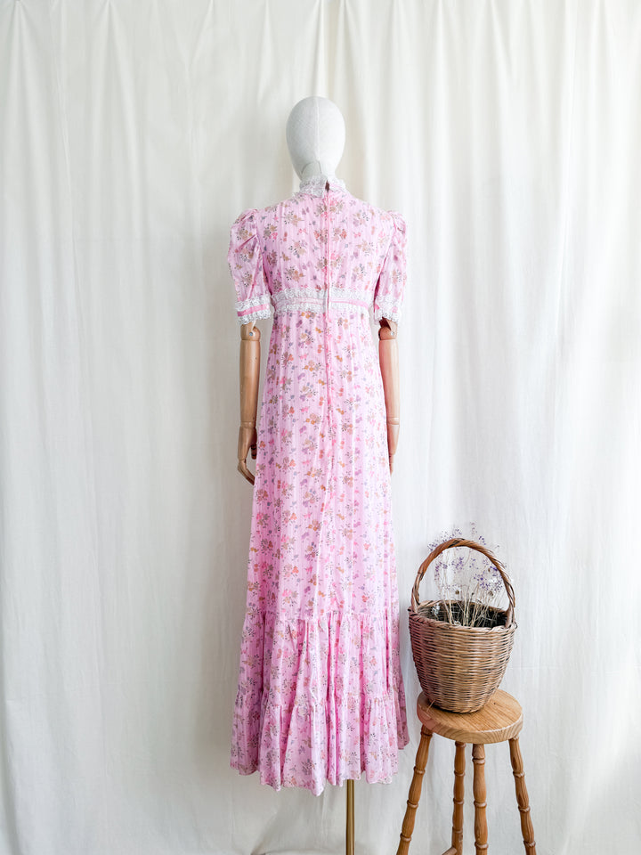 Divine 70s Pink Floral Cotton Lace Trimmed Maxi Dress by John Charles