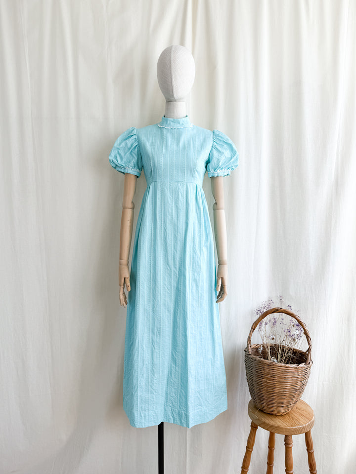 Adorable Late 60s Aqua Blue Regency-esque Textured Cotton Maxi Dress