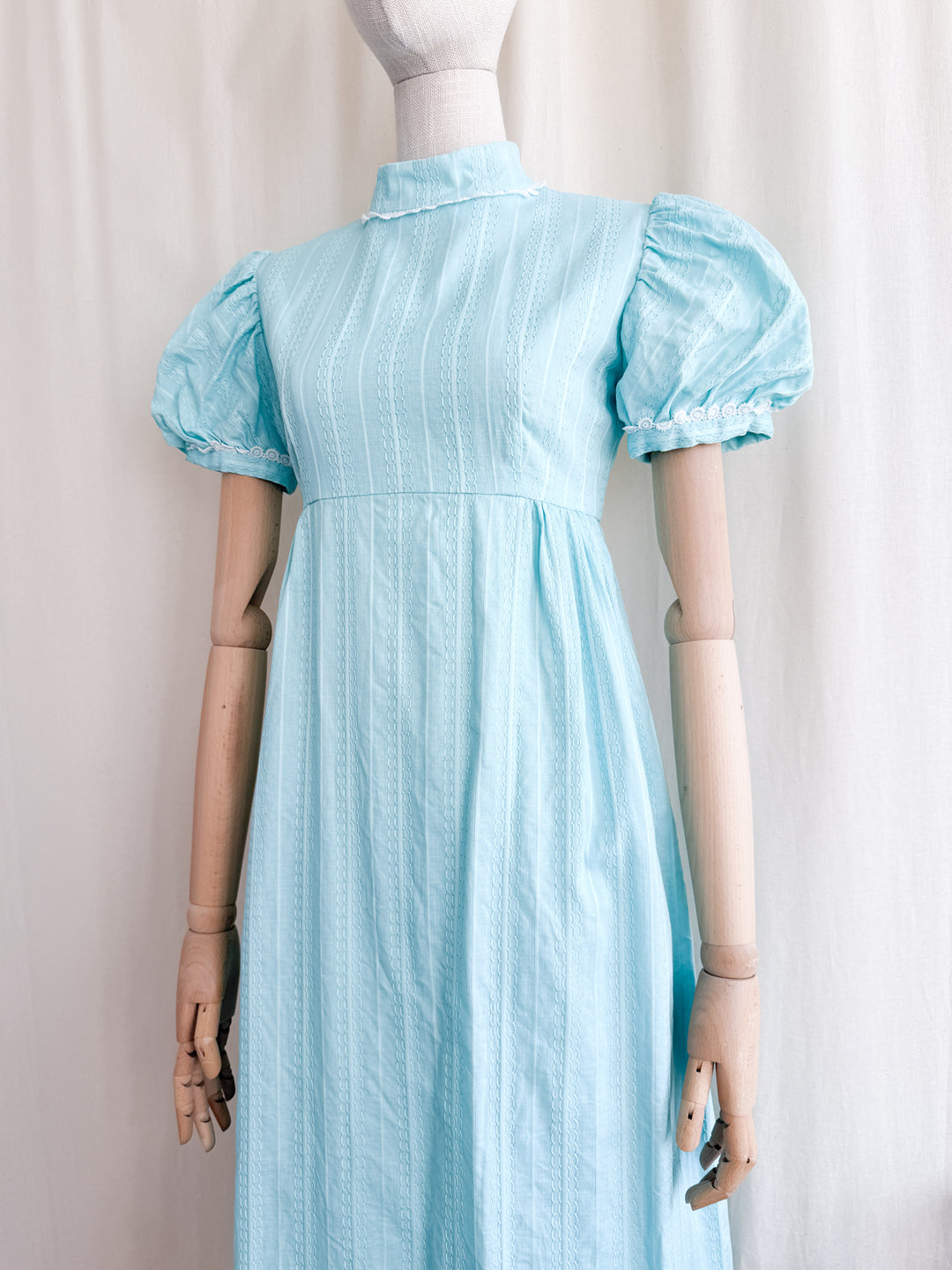 Adorable Late 60s Aqua Blue Regency-esque Textured Cotton Maxi Dress