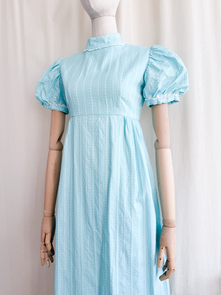 Adorable Late 60s Aqua Blue Regency-esque Textured Cotton Maxi Dress