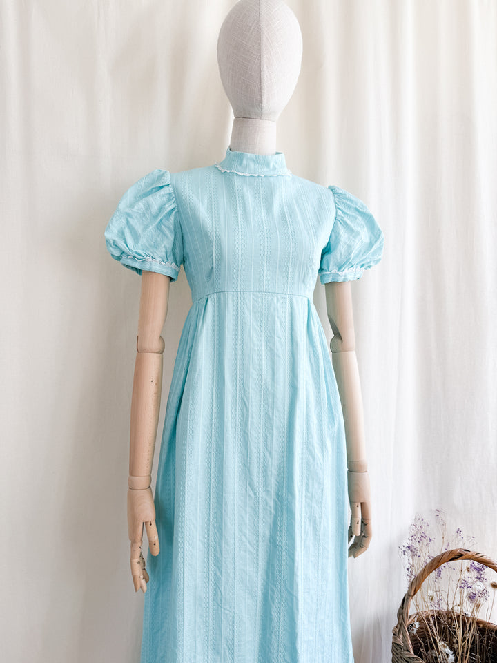 Adorable Late 60s Aqua Blue Regency-esque Textured Cotton Maxi Dress