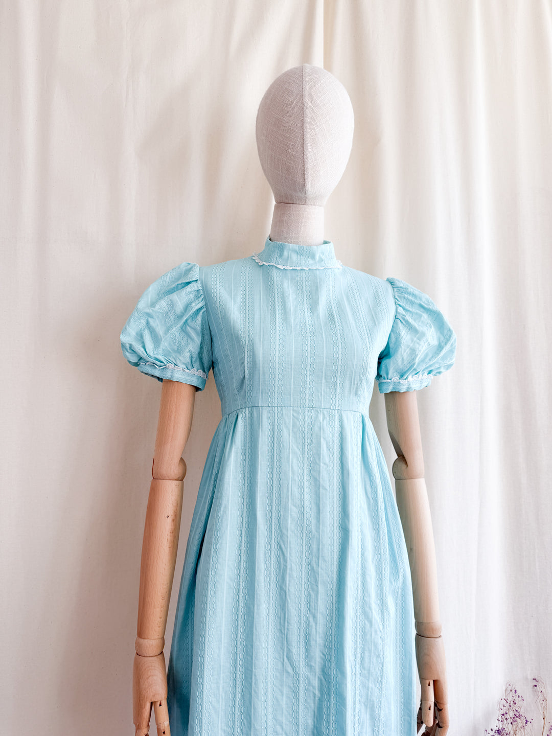Adorable Late 60s Aqua Blue Regency-esque Textured Cotton Maxi Dress