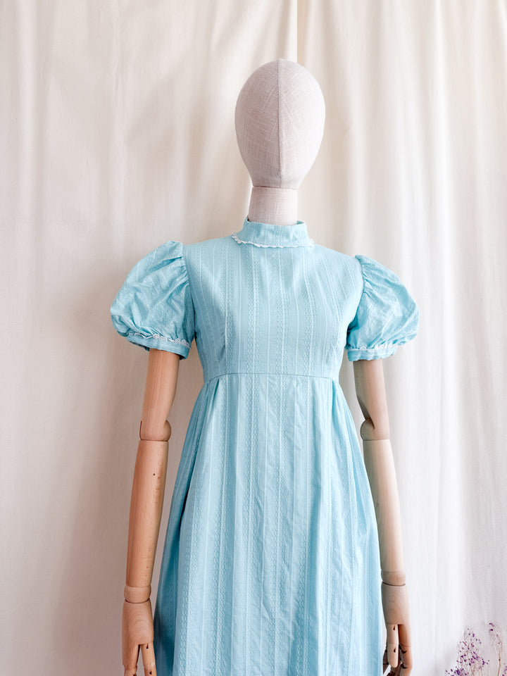 Adorable Late 60s Aqua Blue Regency-esque Textured Cotton Maxi Dress