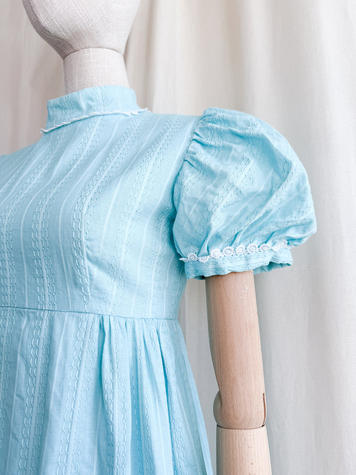 Adorable Late 60s Aqua Blue Regency-esque Textured Cotton Maxi Dress