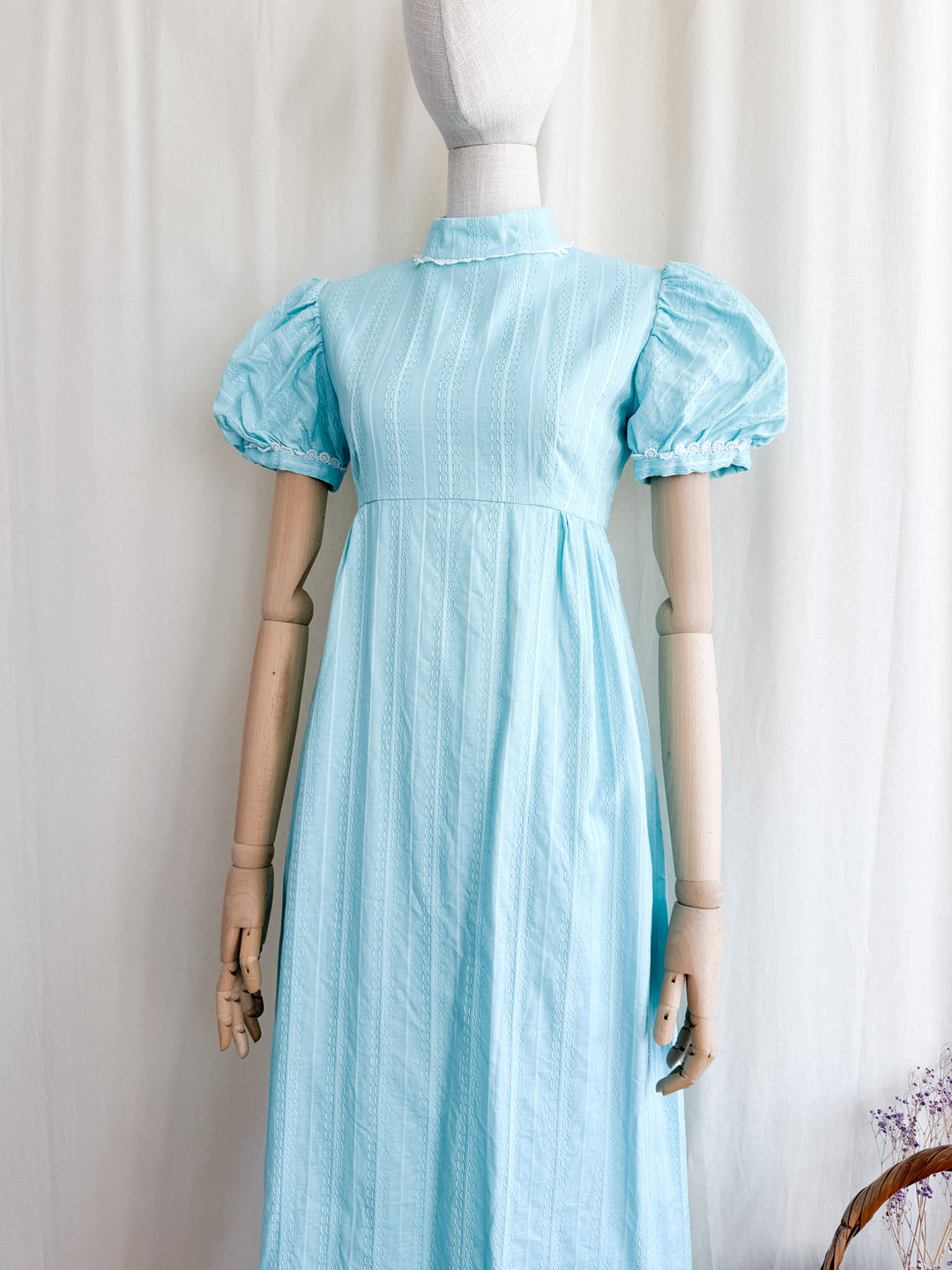 Adorable Late 60s Aqua Blue Regency-esque Textured Cotton Maxi Dress