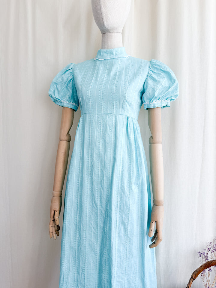 Adorable Late 60s Aqua Blue Regency-esque Textured Cotton Maxi Dress