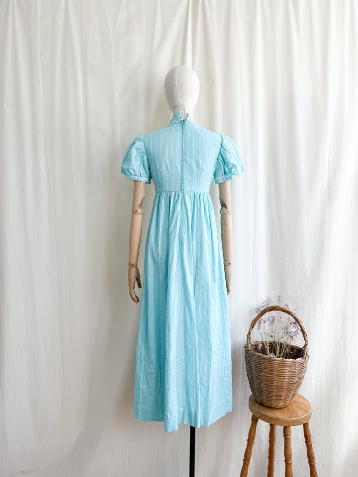 Adorable Late 60s Aqua Blue Regency-esque Textured Cotton Maxi Dress