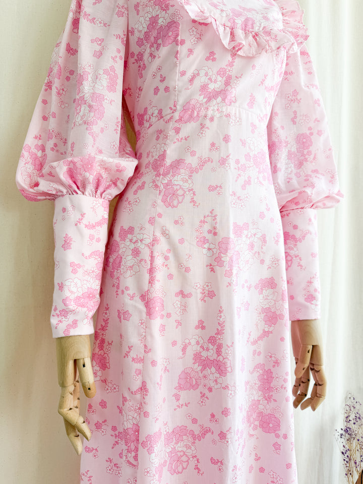 Dreamy 70s Pink Floral Cotton Mutton Sleeve Maxi Dress