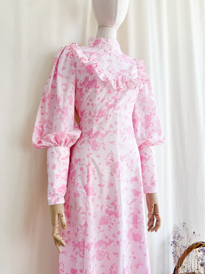 Dreamy 70s Pink Floral Cotton Mutton Sleeve Maxi Dress