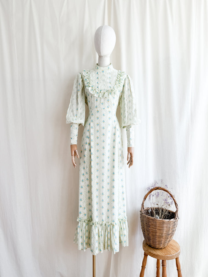 Divine 70s Spring Floral Cotton Lace Trimmed Mutton Sleeve Maxi Dress