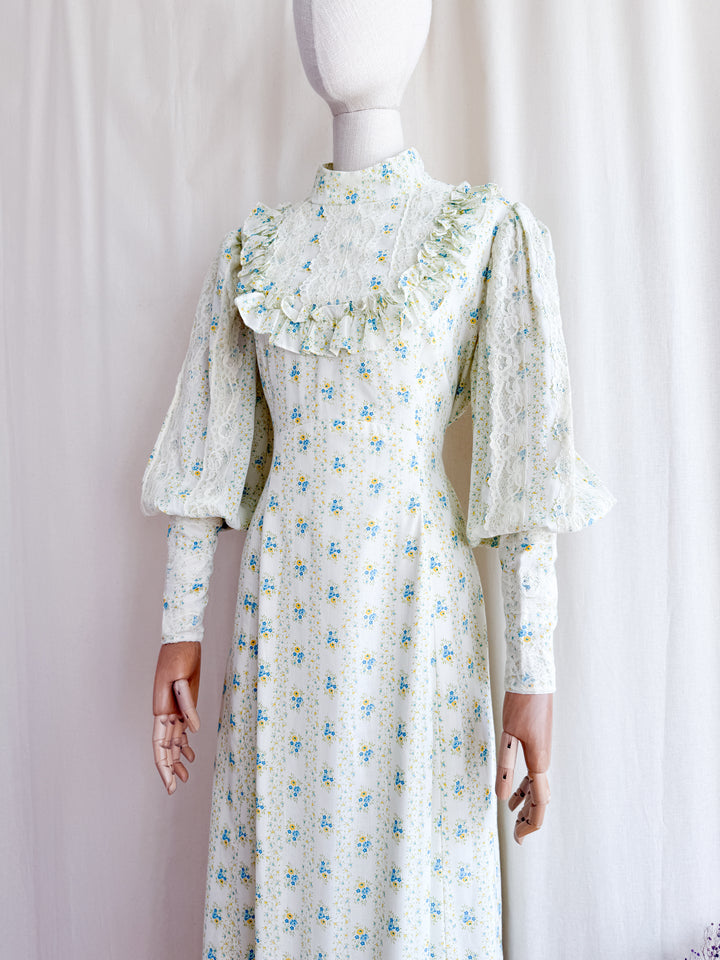 Divine 70s Spring Floral Cotton Lace Trimmed Mutton Sleeve Maxi Dress